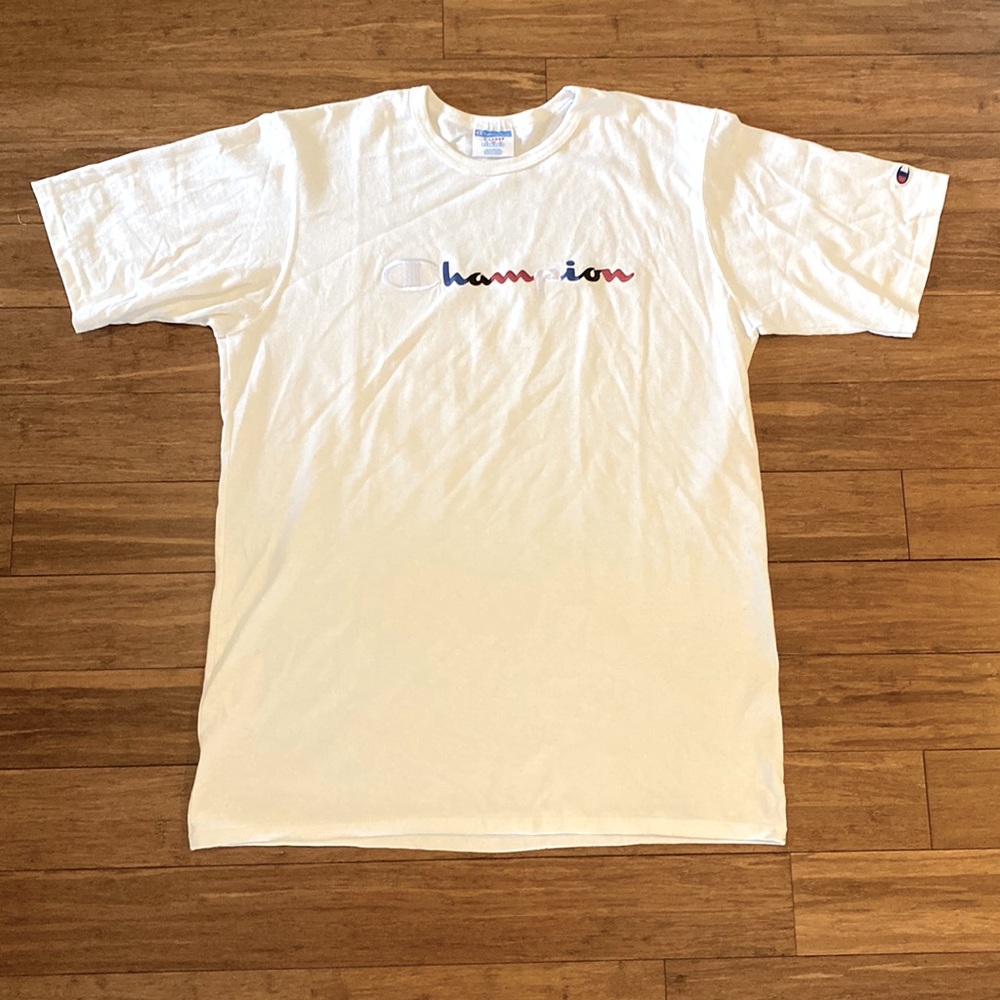 Men’s White with Embroidered Red,White, and Blue Lettering Champion T-shirt